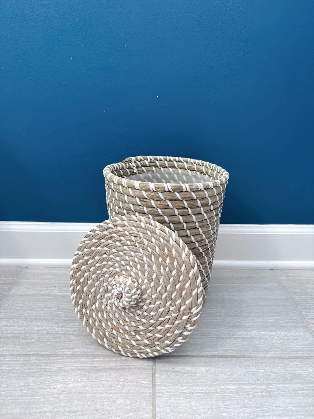 Woven Natural and White Lidded Storage Basket